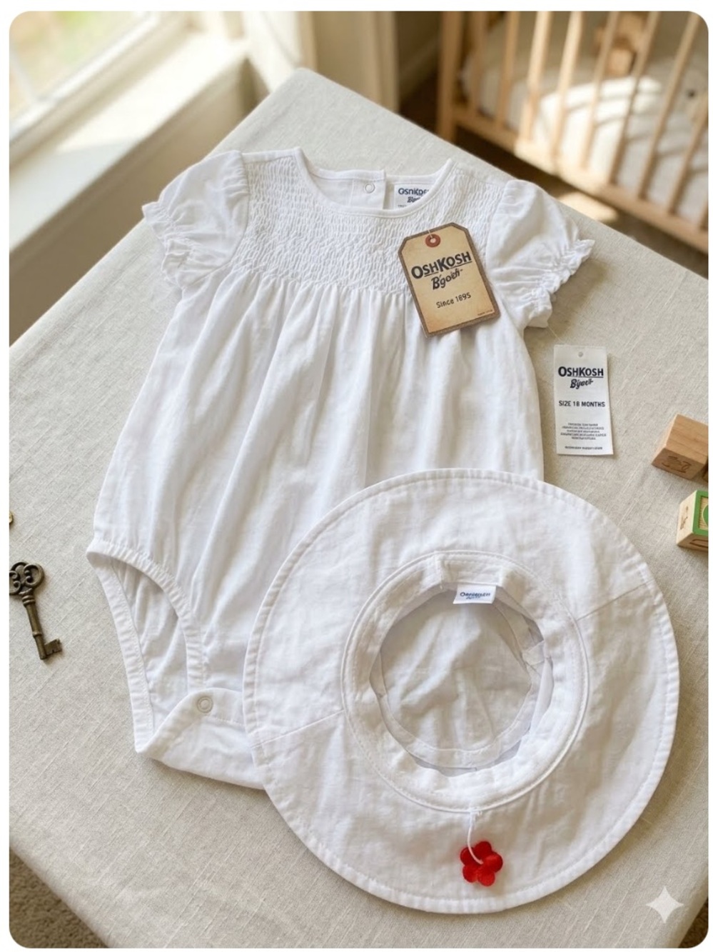 NWOT Baby B’Gosh White Romper with Wide Brim Floppy Hat Size 18 Months - Picture 2 of 12
